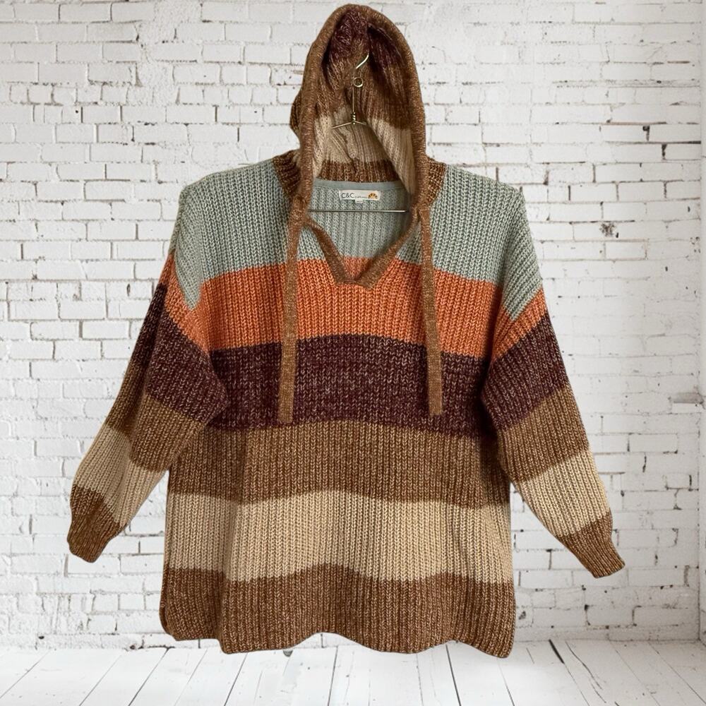 C & C California Ribbed Striped Hooded Sweater Size 2X Womens Brown Tan Multi